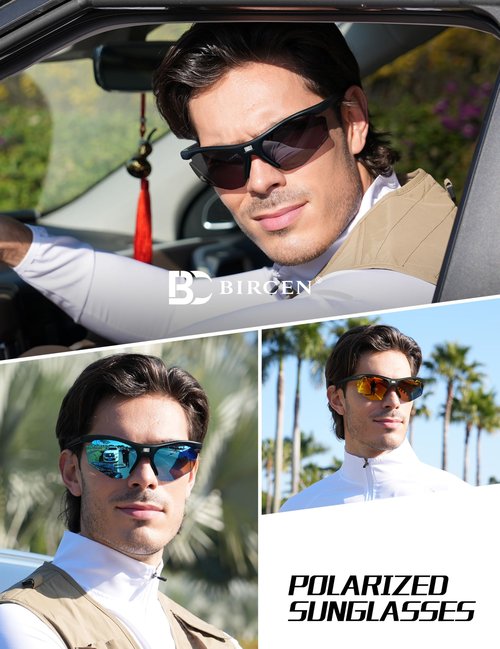 BIRCEN Mens Sports Polarized Sunglasses: UV Protection TR90 Wrap Around Sun Glasses for Outdoor Enthusiast Cycling Fishing