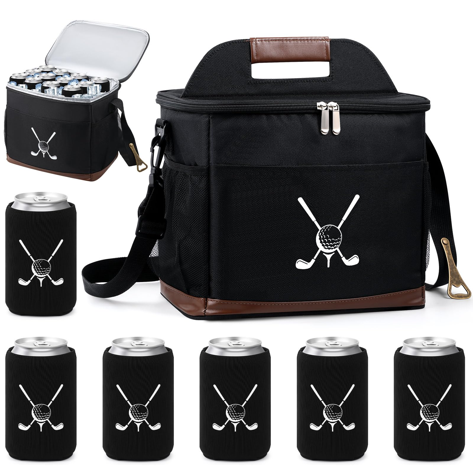 Reallnaive Golf Cart Cooler Bag Insulated with 6 Beer Can Sleeves 24 Can Large Foldable Leakproof Soft Cooler Bag with Bottle Opener Ice Cooling Holds for Golf Cart (Black)