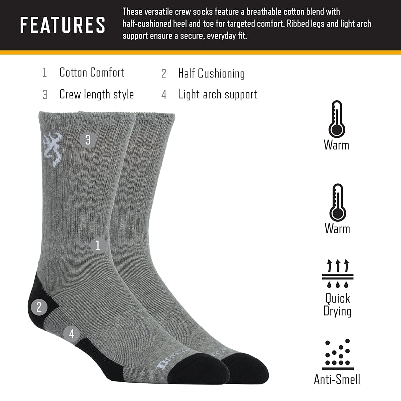 Browning 3-Pack Everyday Crew Socks Heather Gray Size Large