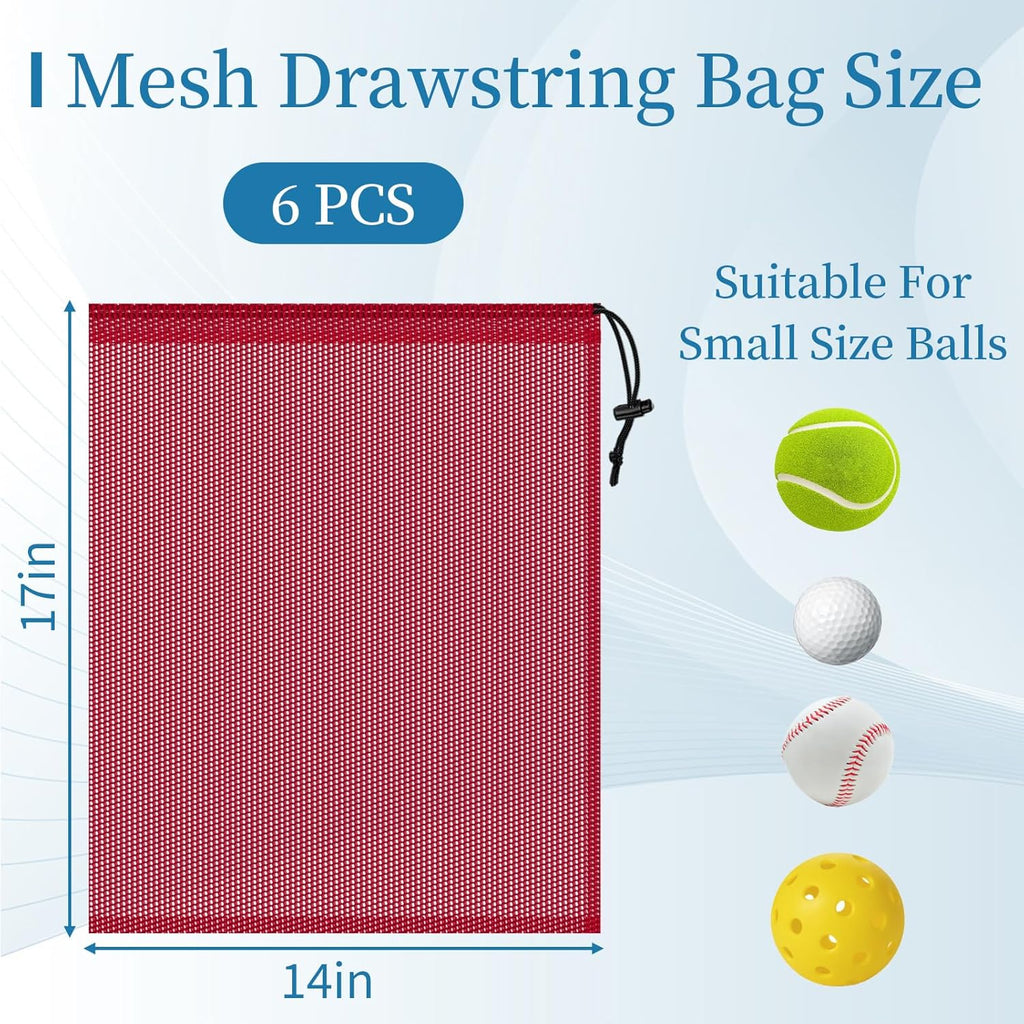 Skiennix 6 Pcs Mesh Drawstring Bags - 14x17 Inch Multipurpose Storage for Gym, Beach & Laundry | Red