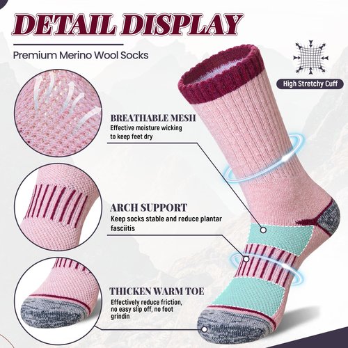 AMENLAN Women Merino Wool Hiking Socks Winter Thermal Boot Thick Warm Work Socks 5 Pairs (Purple Pink Green,Medium)