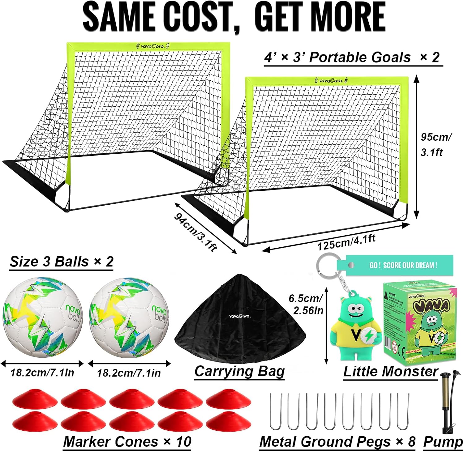 VavaCava Portable Soccer Goals Set - 4'x3' with 2 Nets, Balls, Cones & Pump for Kids Outdoor Fun