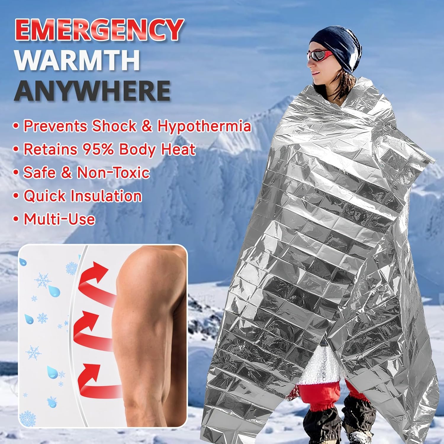 SecuCaptain Emergency Thermal Blankets - Extra Large 84” x 63” Mylar Survival Kit for Winter Camping | 4 Pack