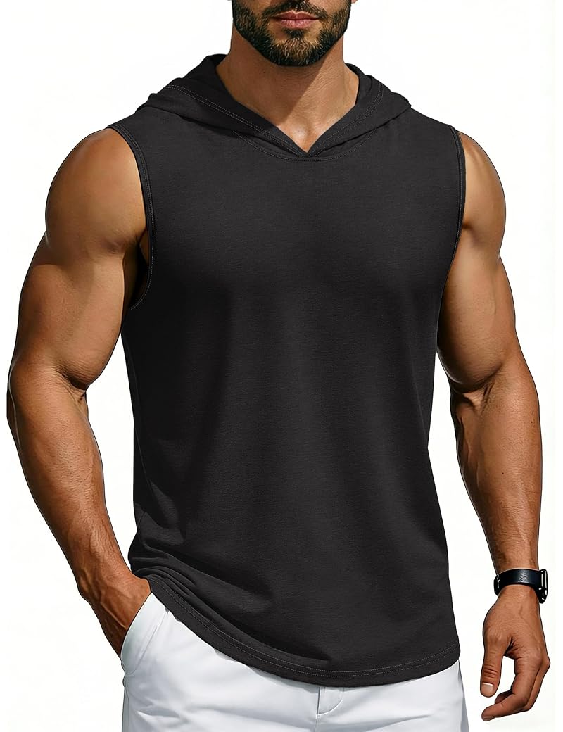 Cotrasen Black Medium Sleeveless Hoodies for Men – Light Weight UPF 50+ Sun Protection Tank Top