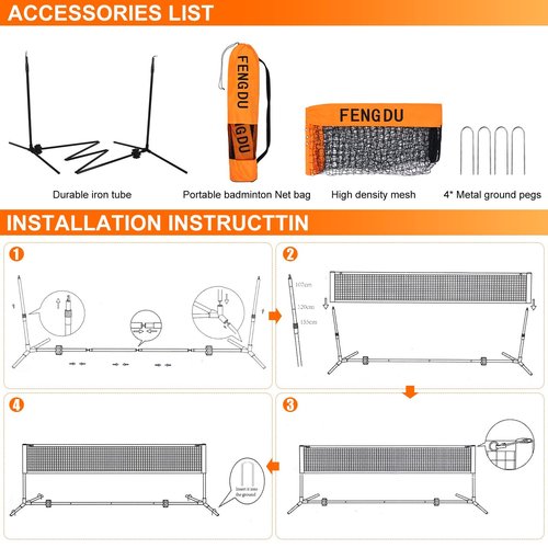 Portable Badminton Net Set, Adjustable Height Tennis Net, Kids Volleyball,Soccer Net Easy Setup Nylon Sports Net with Poles for Backyard, Indoor, Outdoor, Beach (Black/Orange, 10FT)