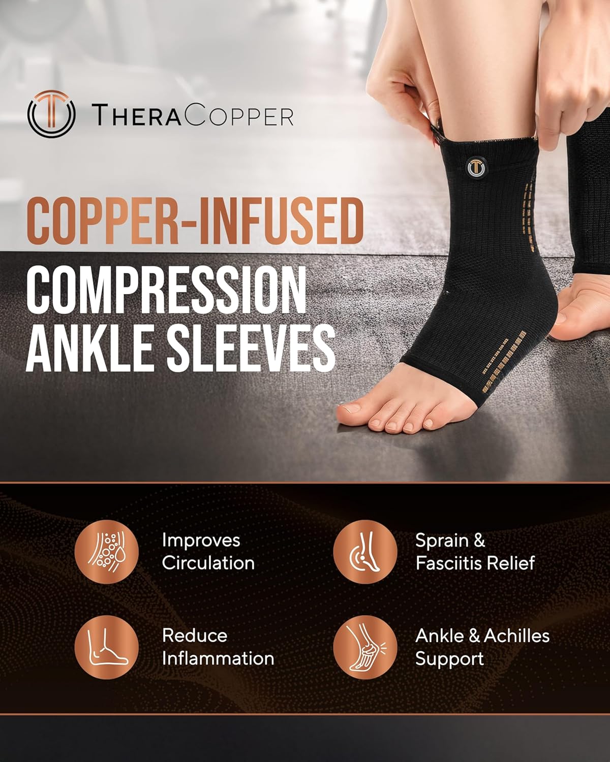 TheraCopper Copper Ankle Brace (2 Pack) — Compression Ankles Brace for Men & Women — Infused Copper Ankle Sleeve Compression Support for Pain Relief, Swelling, Sprains, Achilles Recovery & Sports (Medium)