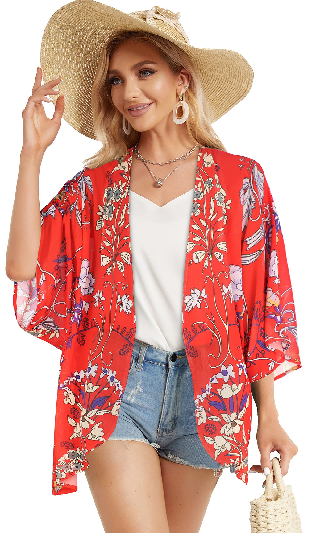 Summer Kimono Cardigan for Women Sheer Boho Tops Casual Open Front Swimwear Shirts Beach Cover ups (Boho Red,S)