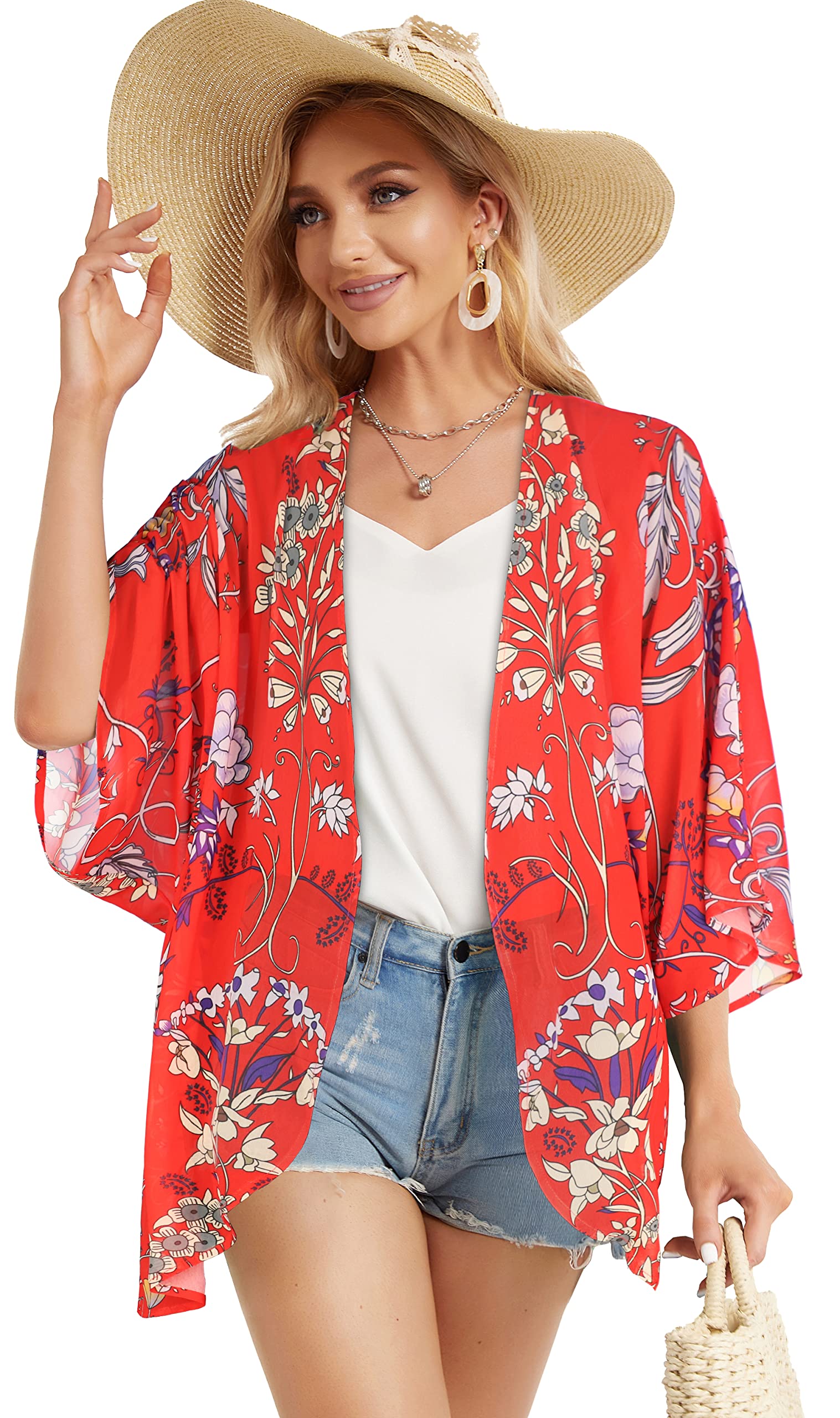 Summer Kimono Cardigan for Women Sheer Boho Tops Casual Open Front Swimwear Shirts Beach Cover ups (Boho Red,S)