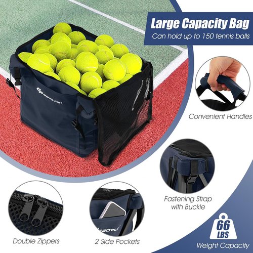 Goplus Foldable Tennis Ball Hopper - Lightweight Aluminum Basket with Wheels & Removable Bag | Holds 150 Balls