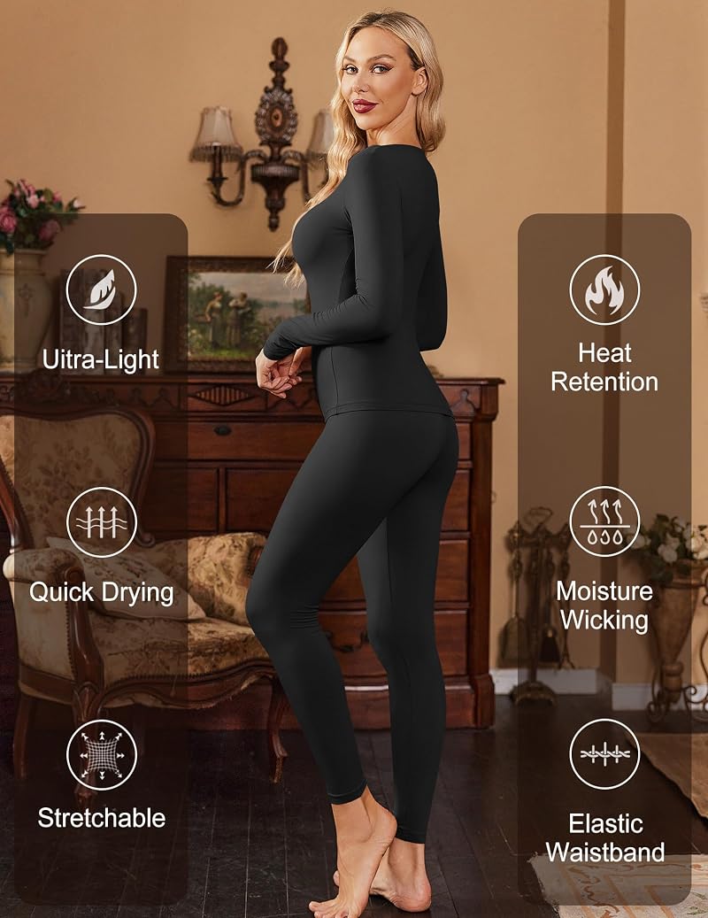Thermal Underwear for Women Long Johns Base Layer Pajama Sets Black/White/Deep Grey - Medium