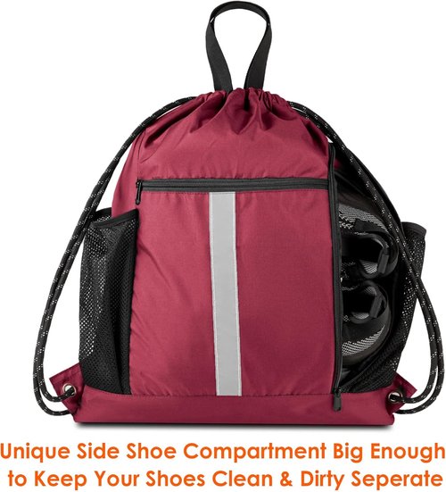 BeeGreen Gym Sack - Heavy-Duty Drawstring Backpack with Shoe Compartment & Water Bottle Holders | Unisex