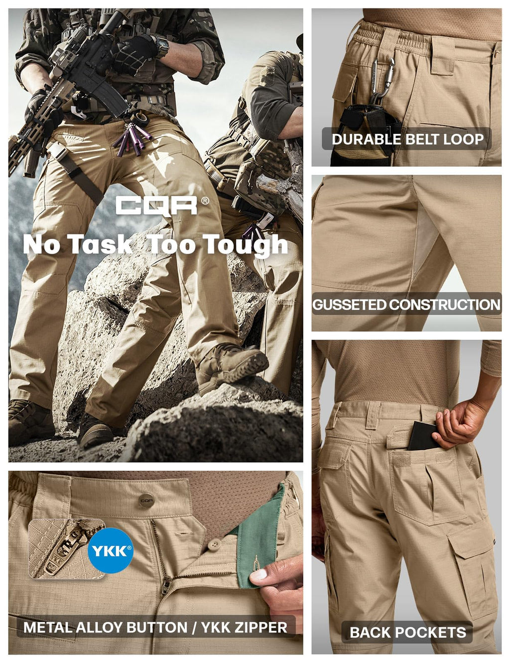 CQR Men's Tactical Pants, Water Resistant Ripstop Cargo Pants, Lightweight EDC Work Hiking Pants, Outdoor Apparel, Raider Khaki, 42W x 30L