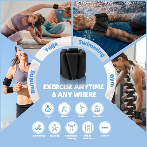 Wrist Weights, Adjustable Ankle Weights for Women Men, Leg and Arm Weights for Home Gym Workout, Running, Yoga, Pilates, Barre, Exercise, Strength Training, 4 LBS Pair 2LB Each (Black)