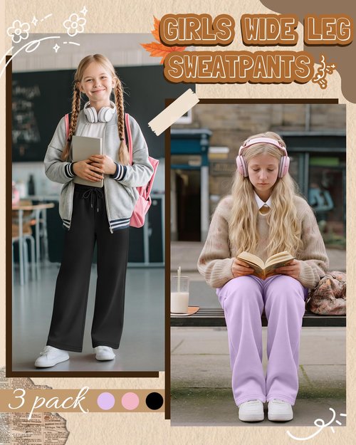 LessonZoo 3 Pack Girls' Sweatpants Straight Wide Leg Kids Drawstring Casual Joggers Teen Loose Athletic Pants with Pockets(9-10 Years,Light Purple, Pink, Black)