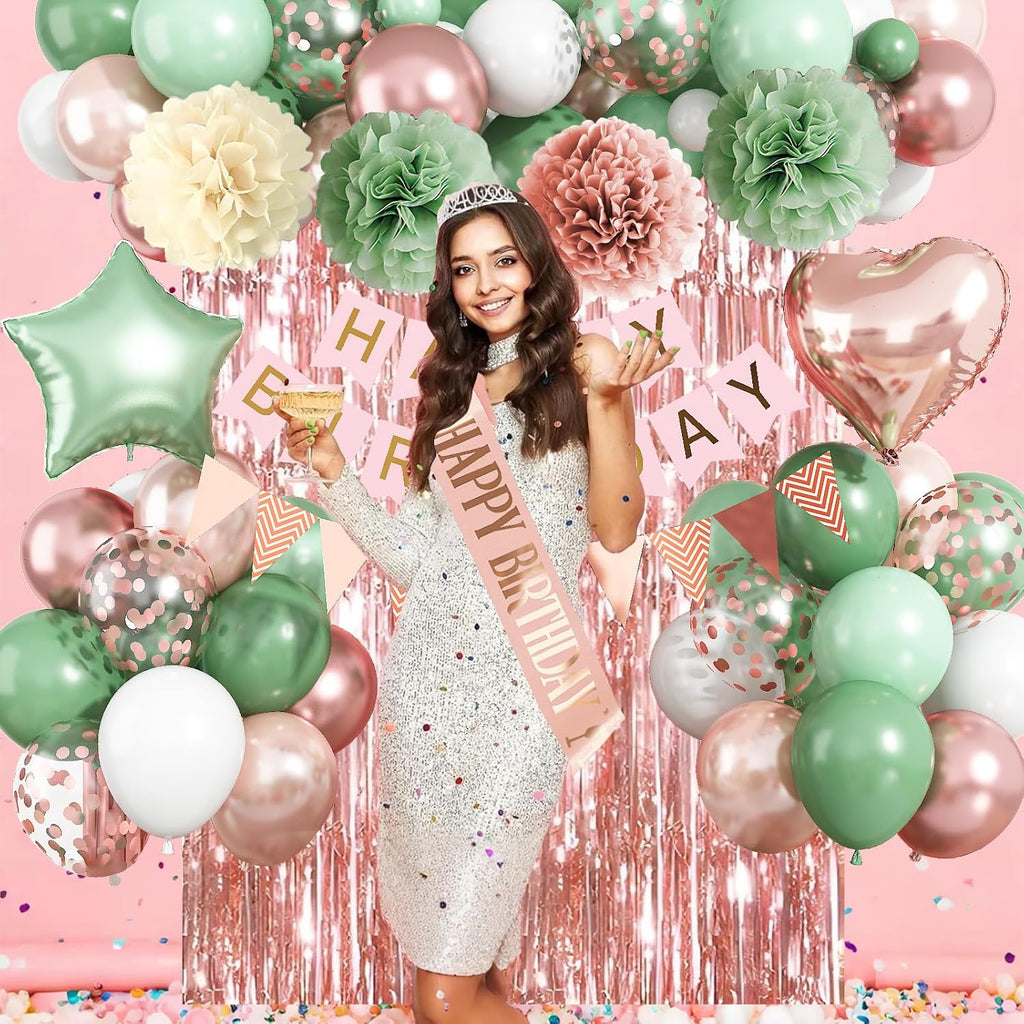 Regine Switzerland Birthday Decorations - Retro Rose Gold & Sage Green Party Décor Set | Balloons, Banners & More