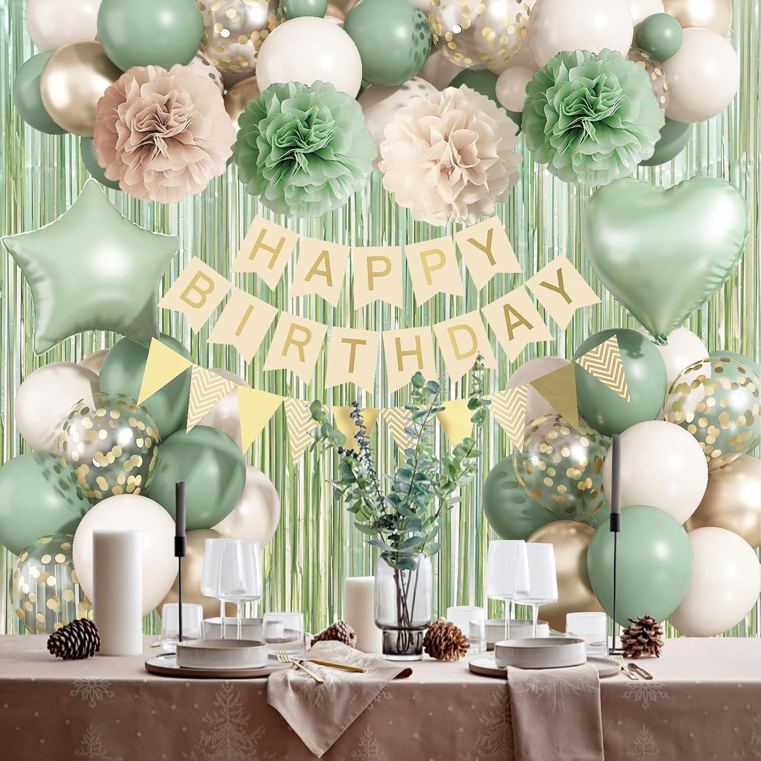 Sage Green Birthday Decorations - Elegant Foil & Latex Balloons, Happy Birthday Banner & Cake Topper | Perfect for Women & Girls