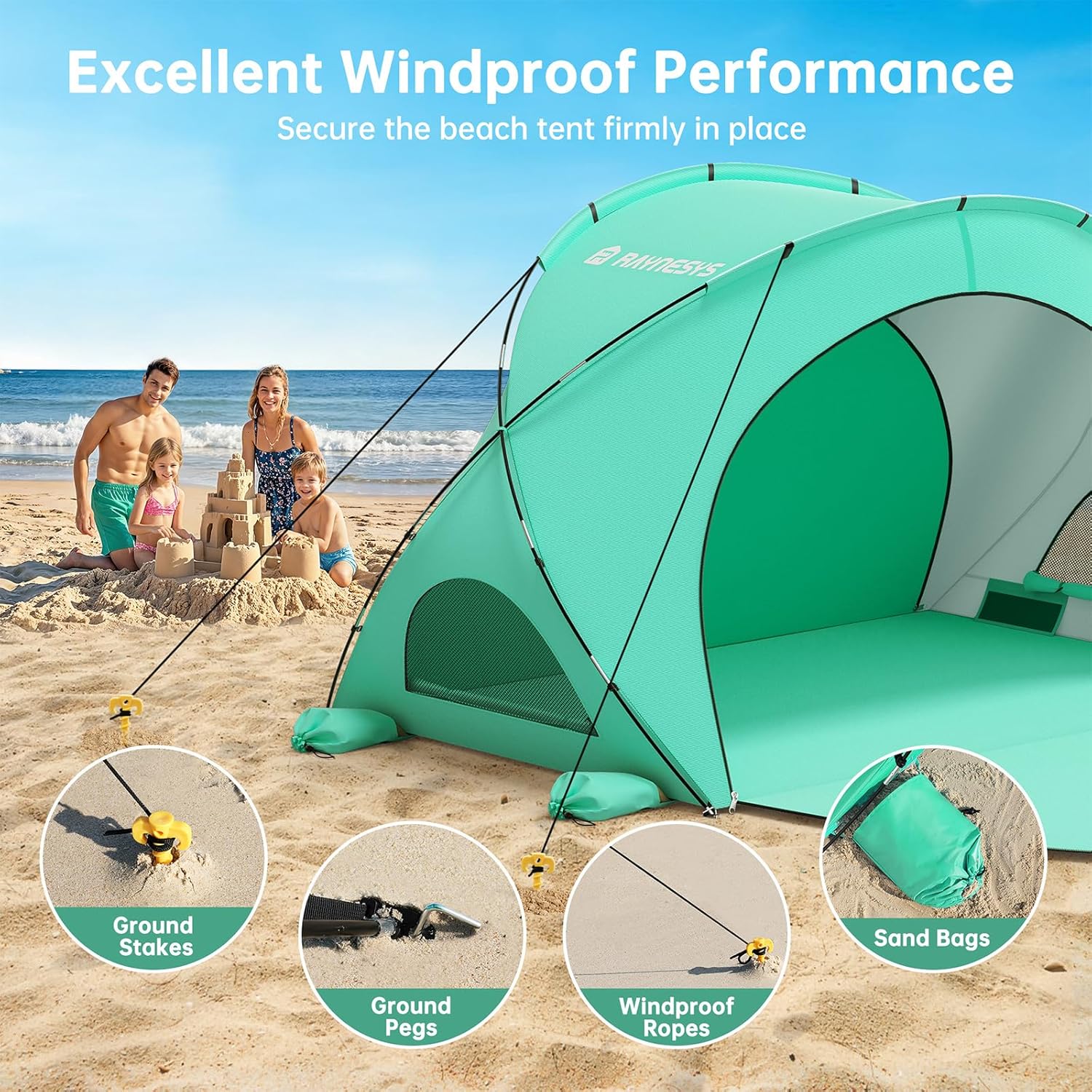 Raynesys Beach Tent - Portable Sun Shelter for 1-4 People | Green Shade with 2 Zippered Doors