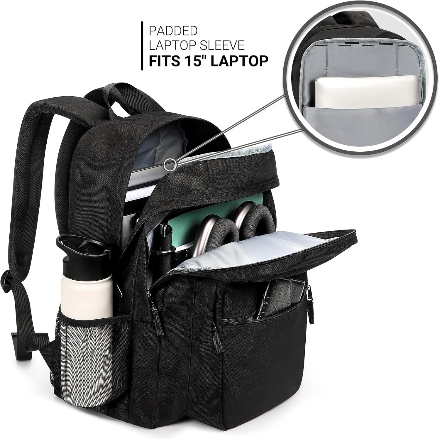 ZORFIN 26L Black Backpack - Water Resistant College & Travel Bookbag for All-Day Comfort