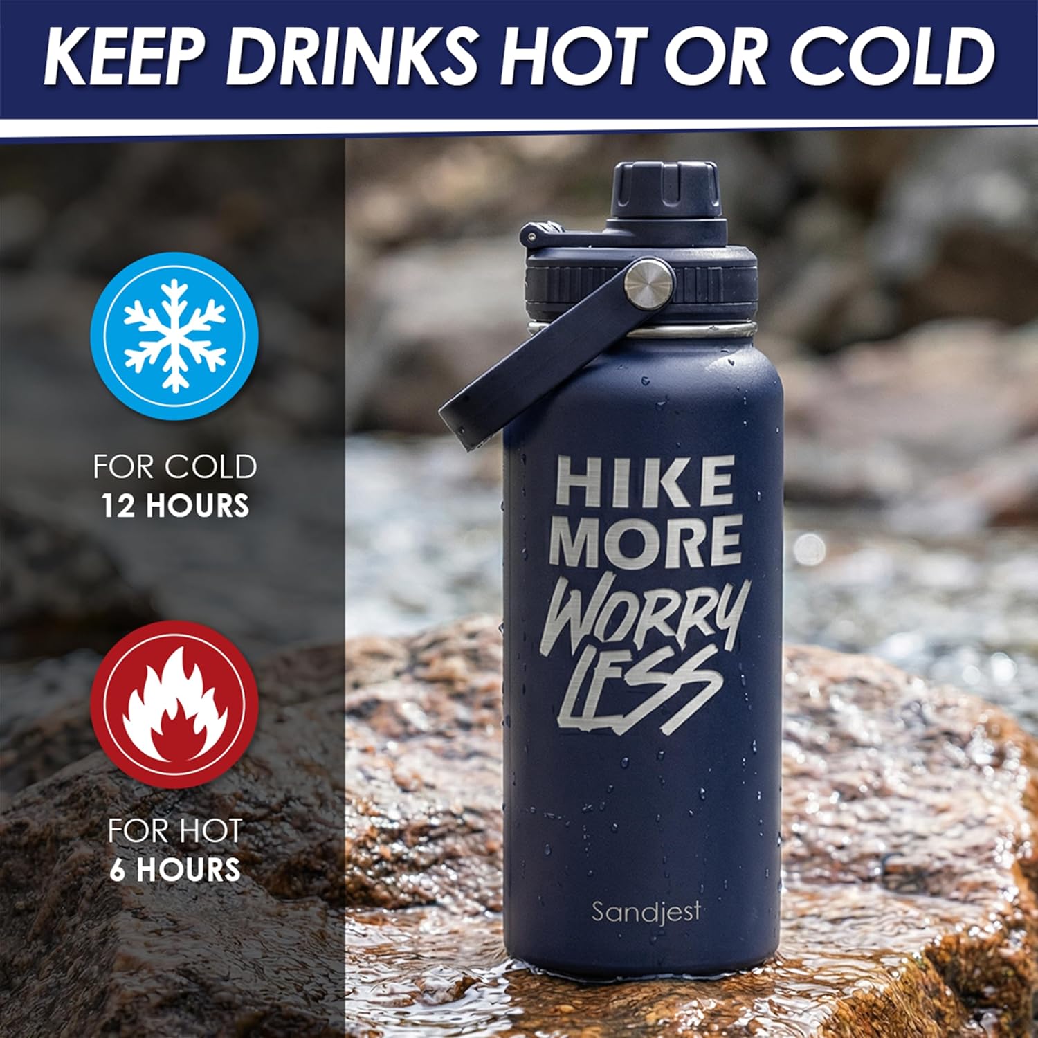SANDJEST Insulated Stainless Steel Water Bottle - 32oz Vacuum Chug Lid for Hiking | Perfect Gift for Adventurers