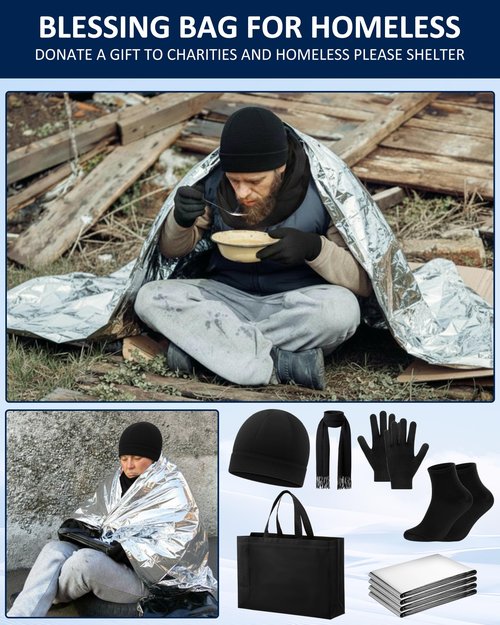 72 Pcs Homeless Care Package Supplies Bulk Winter Beanie Emergency Blankets Sock Gloves Scarf Bag for Unisex Donation