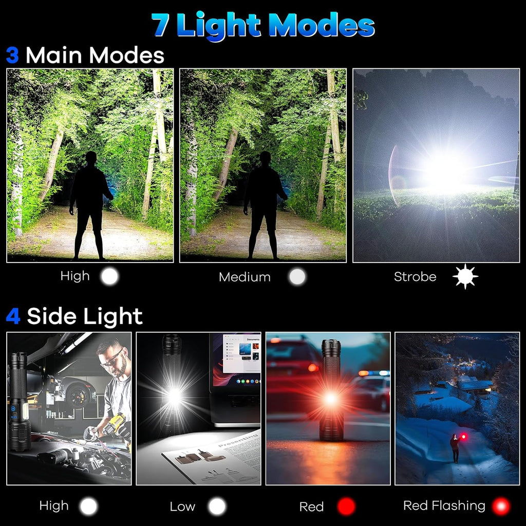 Rechargeable Flashlights - 90,000 High Lumens, 7 Lighting Modes, 24H Runtime | IPX7 Waterproof, 2 Pack