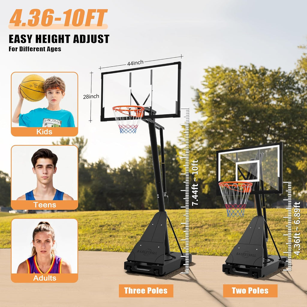 PIZZELLO Basketball Hoop - Adjustable 44/52 Inch Shatterproof Backboard | Portable for Kids & Adults