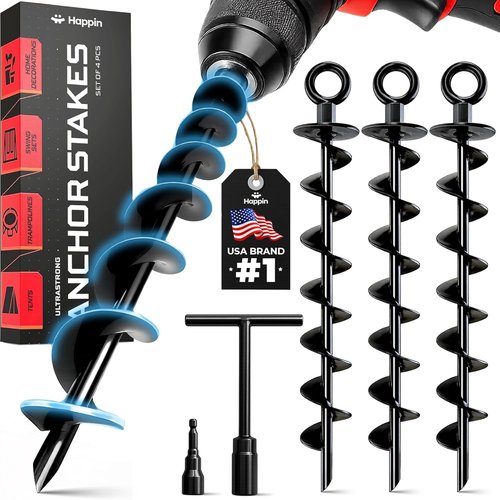 Happin® Heavy-Duty Trampoline Stakes - Galvanized Steel Ground Anchors | 4 Pack Spiral, Black