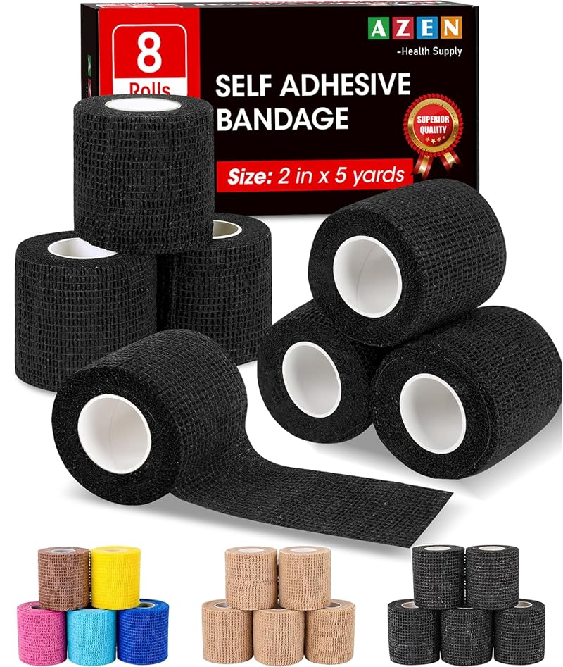 AZEN 8-Pack Self-Adhesive Bandage Wrap 2" x 5 Yards - Black Vet/Tattoo Wrap