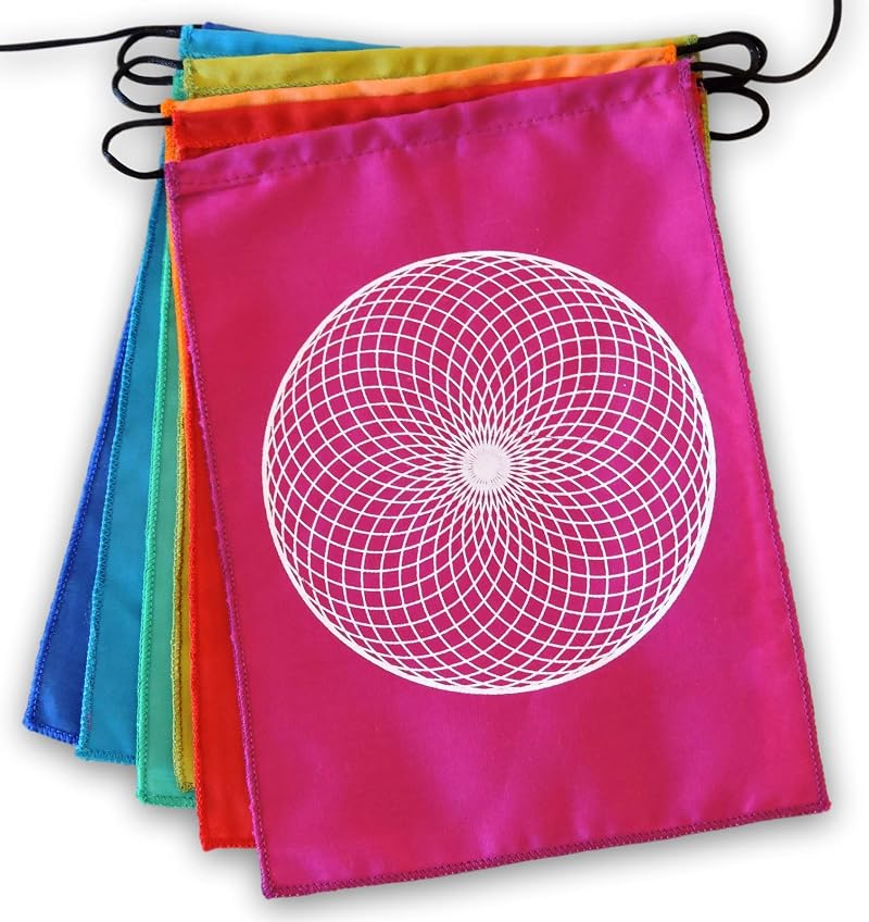 Sacred Geometry Rainbow Prayer Flags Set | Handprinted 9x12 In Indonesia