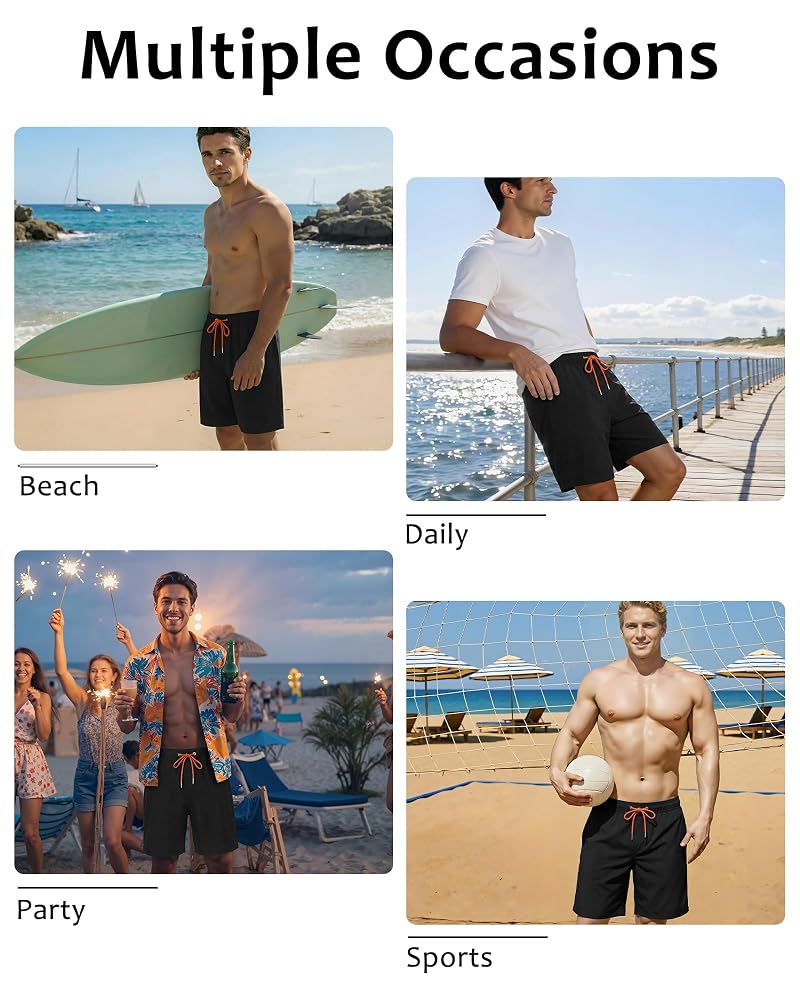 Justay 2 in 1 Men's Swim Trunks 7 Inch with Pockets Dark Black + Medium