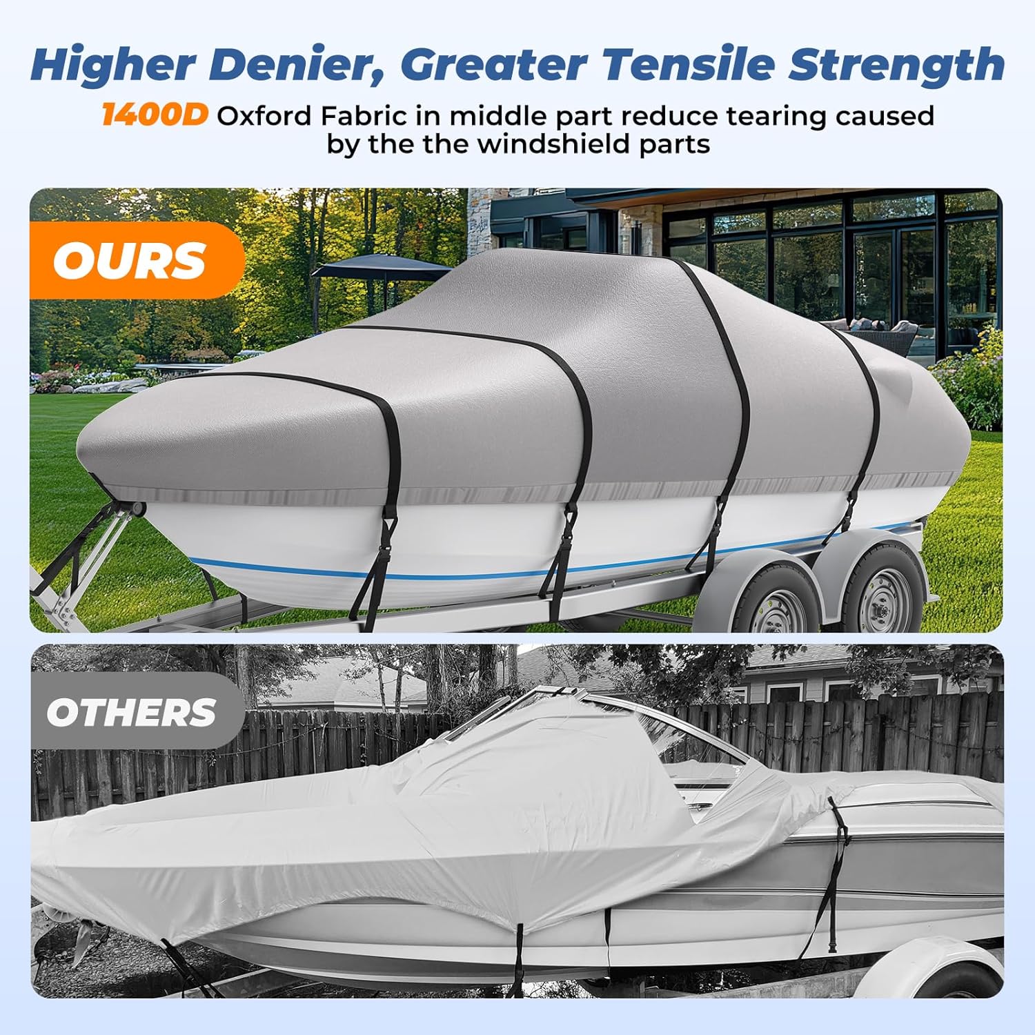 RVMasking Waterproof Boat Cover - Heavy Duty 1400D Marine Grade | Fits 16-18.5 ft V-Hull Bass Boats, Gray