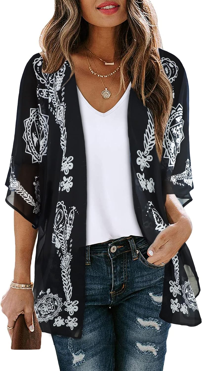 Skiennix Women's Floral Print Kimono Cardigan - Loose Casual Cover-Up Blouse Top