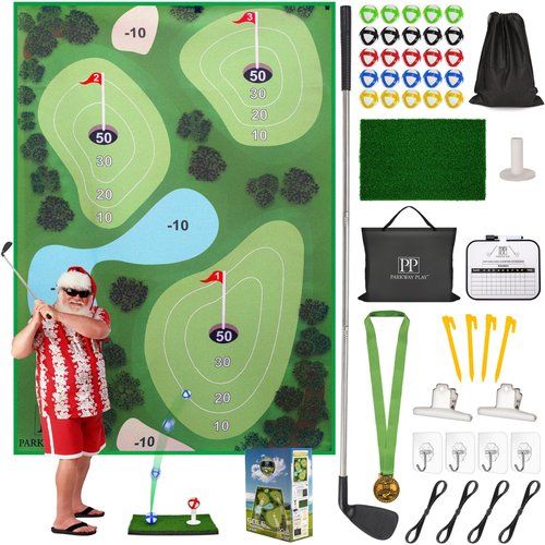 Parkway Home Golf Chipping Mat with Adjustable Golf Club - 48 Piece Outdoor Indoor Golf Game for 1-5 Players - Giant Turf Hitting Mat with Tee, 25 Sticky Balls, Travel Bag for Golfers for All Ages