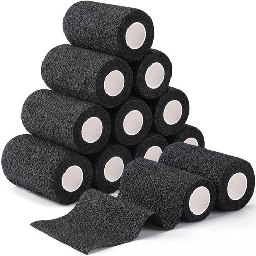 TOBWOLF 12PCS Self Adherent Bandage, 4" x5yd / 10cmx4.5m Cohesive Elastic Bandage Wrap, Breathable Sports Tape for Wrist Ankle Knee Leg Sprains Swelling - Black