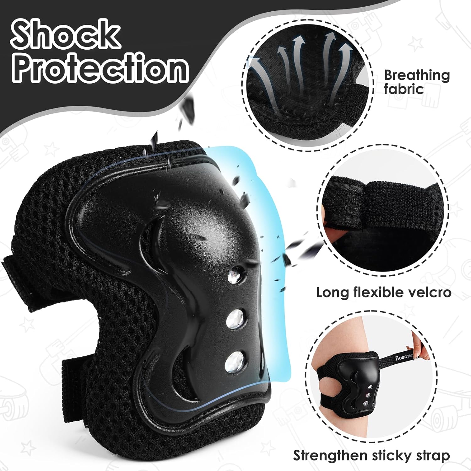 BOSONER Kids Knee & Elbow Pad Set - Protective Gear for Roller Skating, BMX, and Scooter Riding