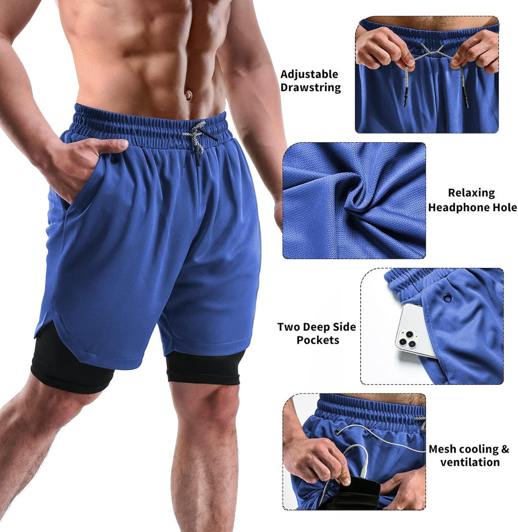 Skiennix Men's 2-in-1 Running Gym Shorts - 7 Inch Workout Shorts with Pockets & Towel Loop | 2 Pack