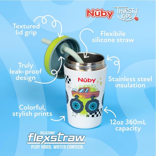 Nuby Thirsty Kids Insulated Toddler Cup - 12 oz Stainless Steel, Leak-Resistant with Silicone Flexstraw - Monster Trucks