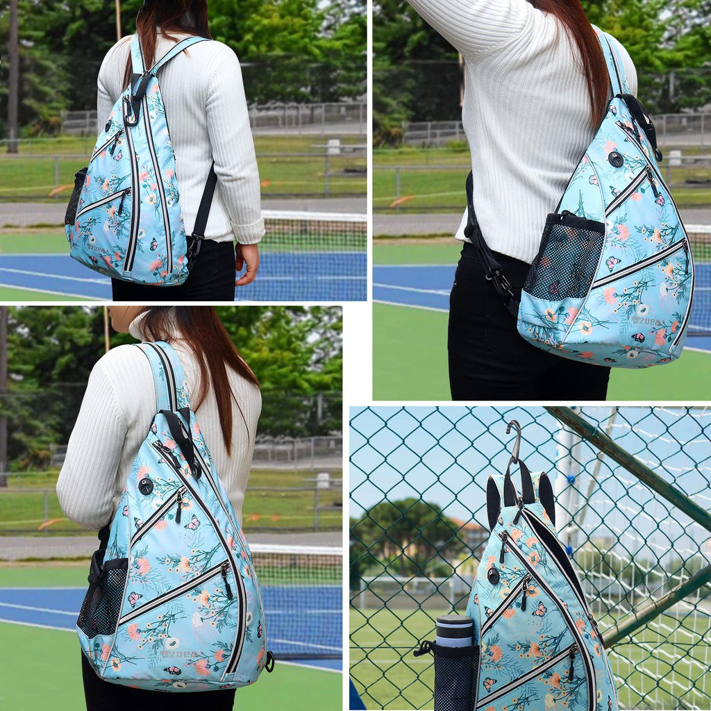 ZOEA Pickleball Sling Bag, Adjustable Pickleball Backpack with Fence Hook Water Bottle Holder, Fits 4 Paddles and All Your Other Gear (Flower Blue)