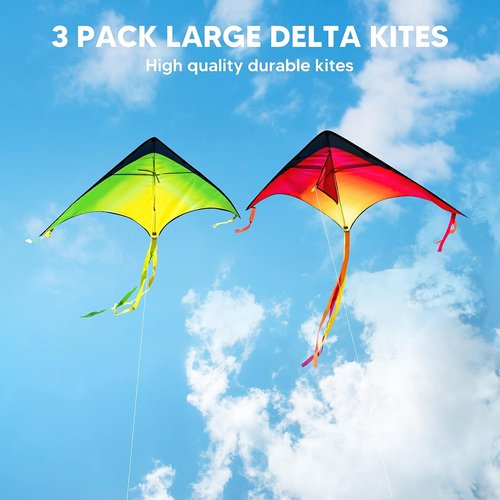 JOYIN Large Delta Kite - Easy to Fly Gradient Rainbow Design | 3 Packs for Kids & Adults