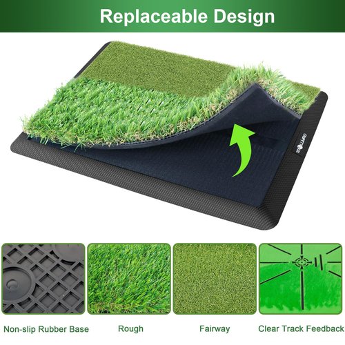 TROLLBIRD Dual-Turf Golf Hitting Mat with Replaceable Velvet Mat Golf Training Accessories for Swing Path Feedback 12.6"x16.5" Golf Practice Trainer Matt for Men Women Kids