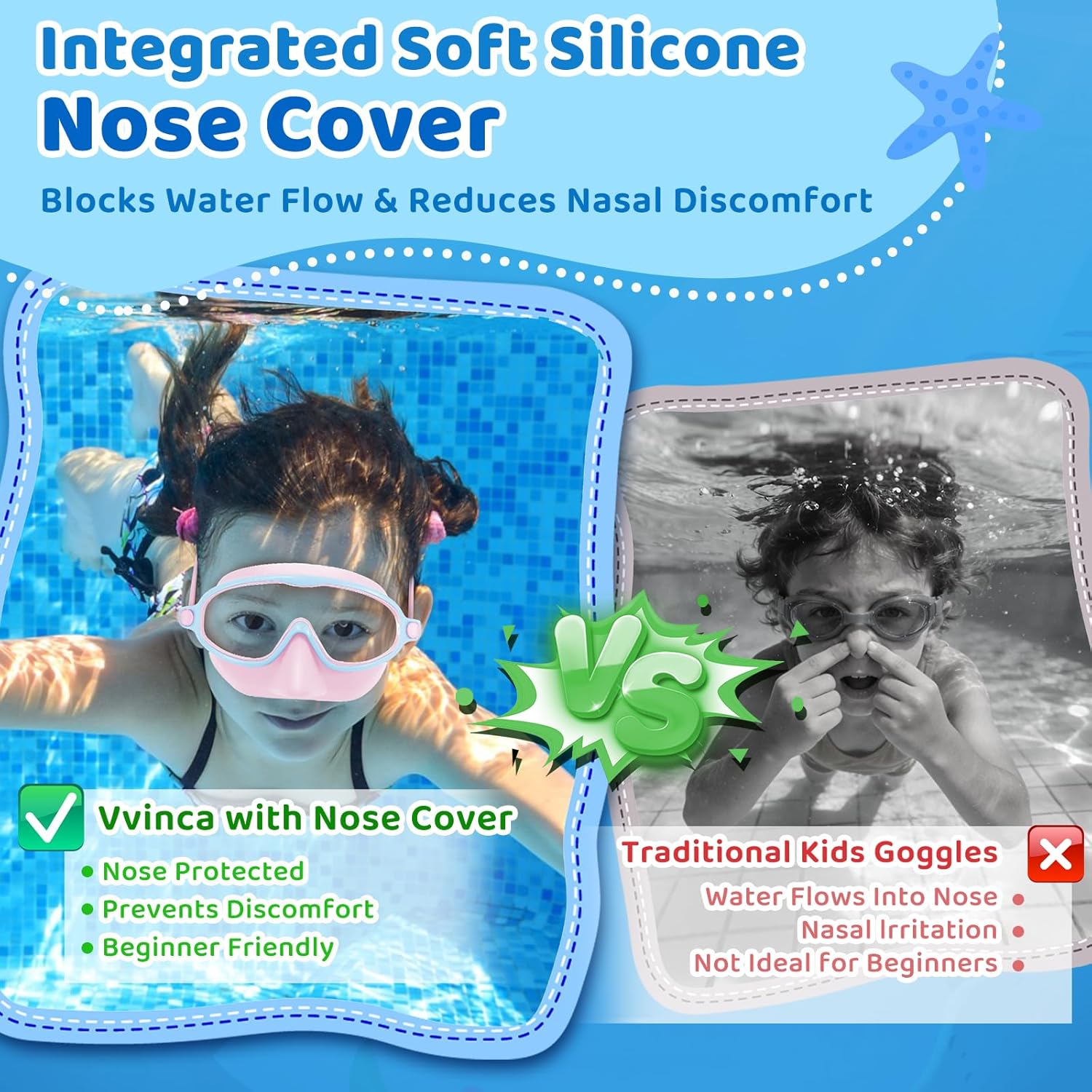Vvinca Kids Swim Goggles - 2 Pack with Nose Cover | Anti-Fog UV Protection for Ages 3-14