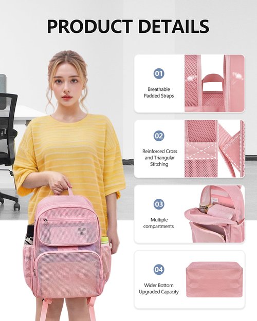 Mesh Backpack with Inner Compartment, Large Heavy Duty Mesh Bag with Padded Shoulder Straps for Travel Swimming Hiking Beach - Princess Pink