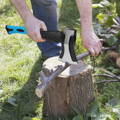 Splitting Axe, 15” Camping Outdoor Hatchet for Wood Splitting and Kindling, Forged Carbon Steel Heat Treated Hand Maul Tool, Fiberglass Shock Reduction Handle, Blue