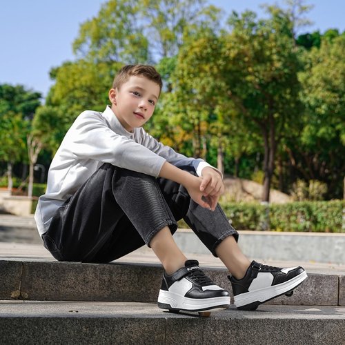 HSQ Roller Skate Shoes for Girls Boys Kids Detachable Wheeled 2 in 1 Skating Shoes with Wheels Fashion Sneaker Ages 5-8,8-12 Black White Size Big Kid 4