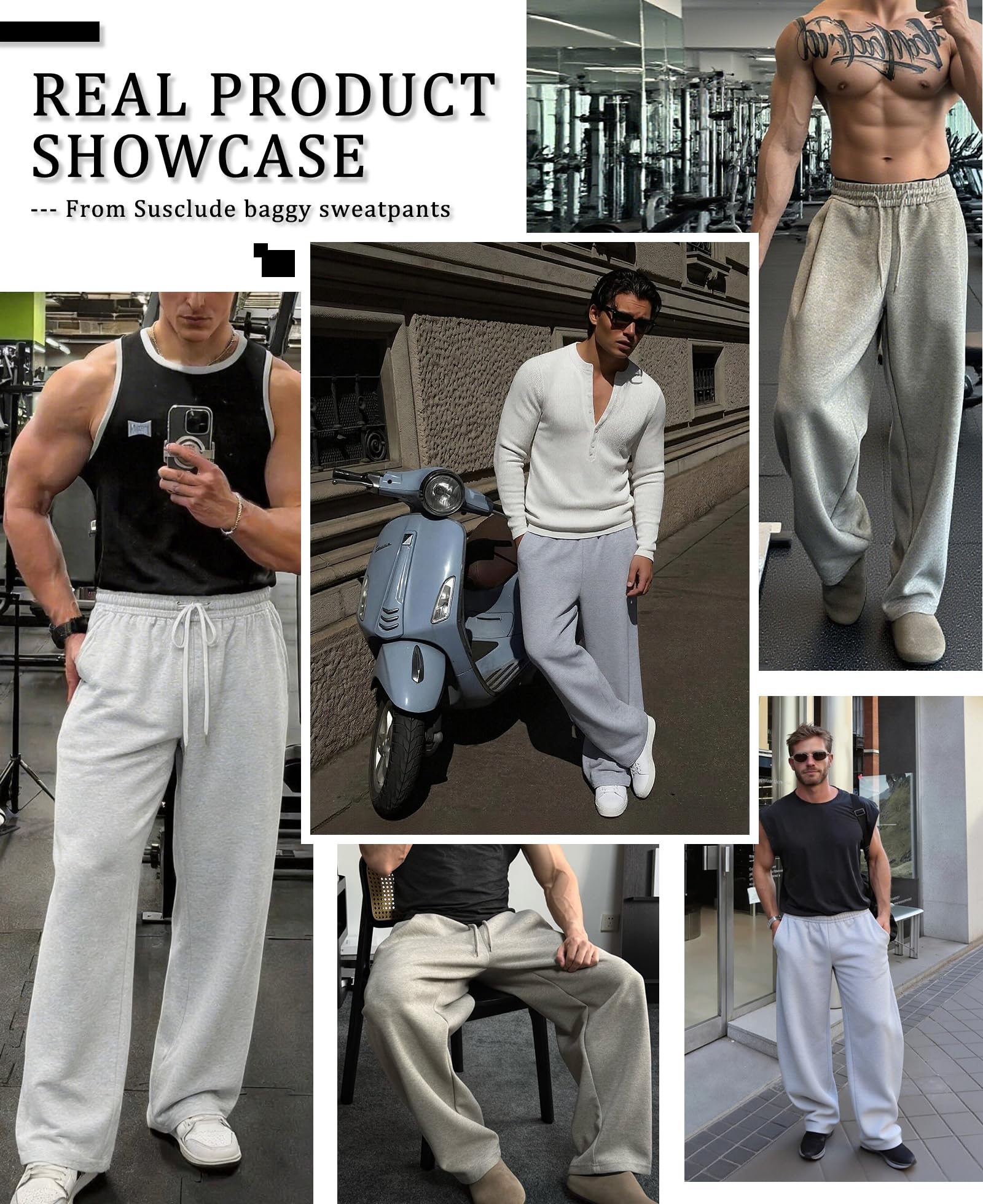 Susclude Baggy Sweatpants Men Wide Leg Elastic Waist Track Pants with Pockets Open Bottom Loose Fit Joggers Gym Lounge Black