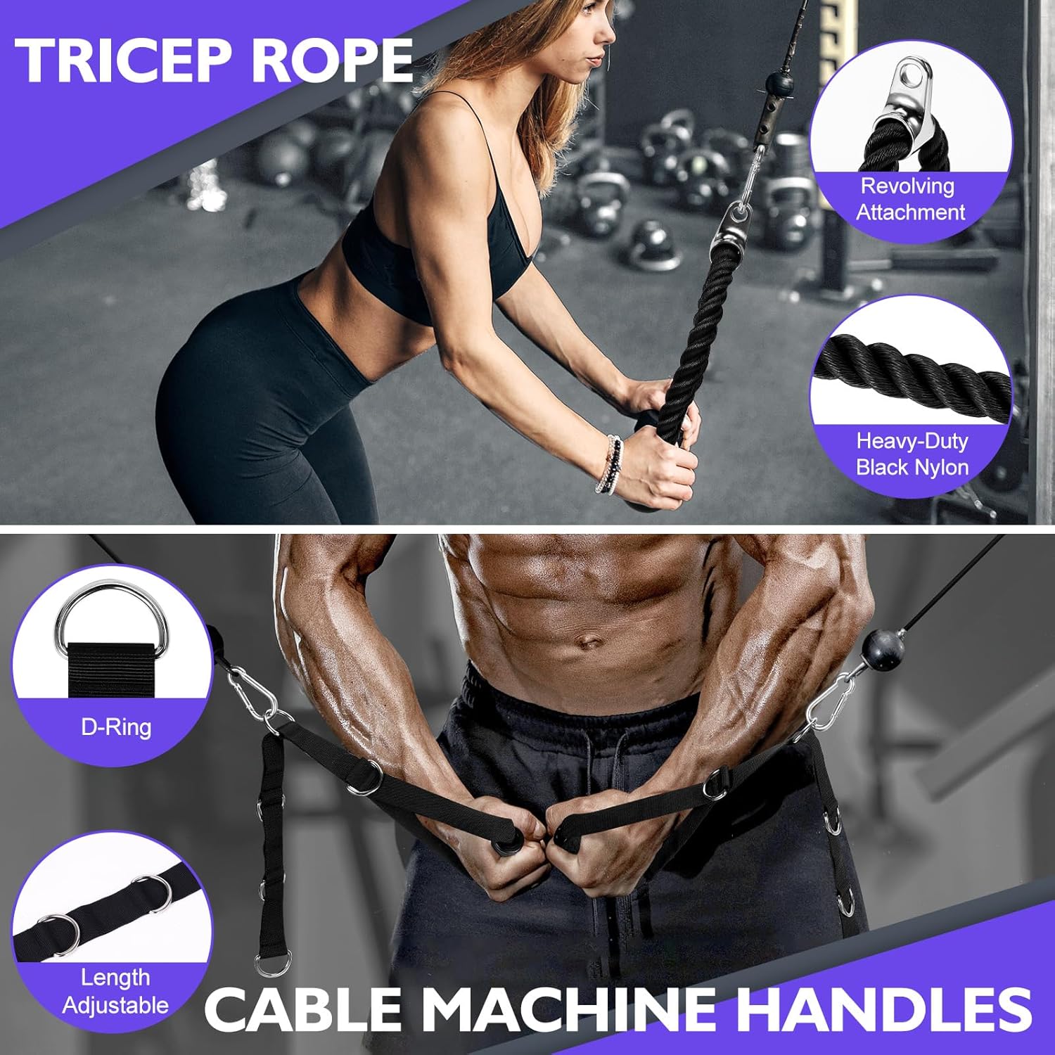 Skiennix Cable Machine Attachments Set - LAT Pulldown Bar & Tricep Rope | Home Gym Essentials
