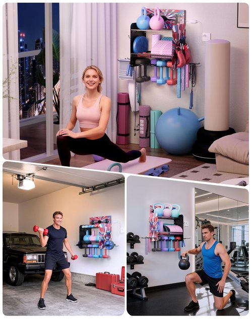 YiiMeeCoo Dumbbell Rack with APP-Controlled LED Lights, Weight Rack for Home Gym Storage, Modern Perforated Wall-Mounted Organizer for Dumbbells, Weight Plates & Accessories, Space Saving