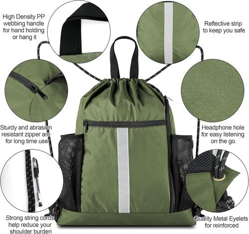 BeeGreen Moss Green Drawstring Bag - Heavy-Duty Cinch Sack with Shoe Compartment & Mesh Pockets