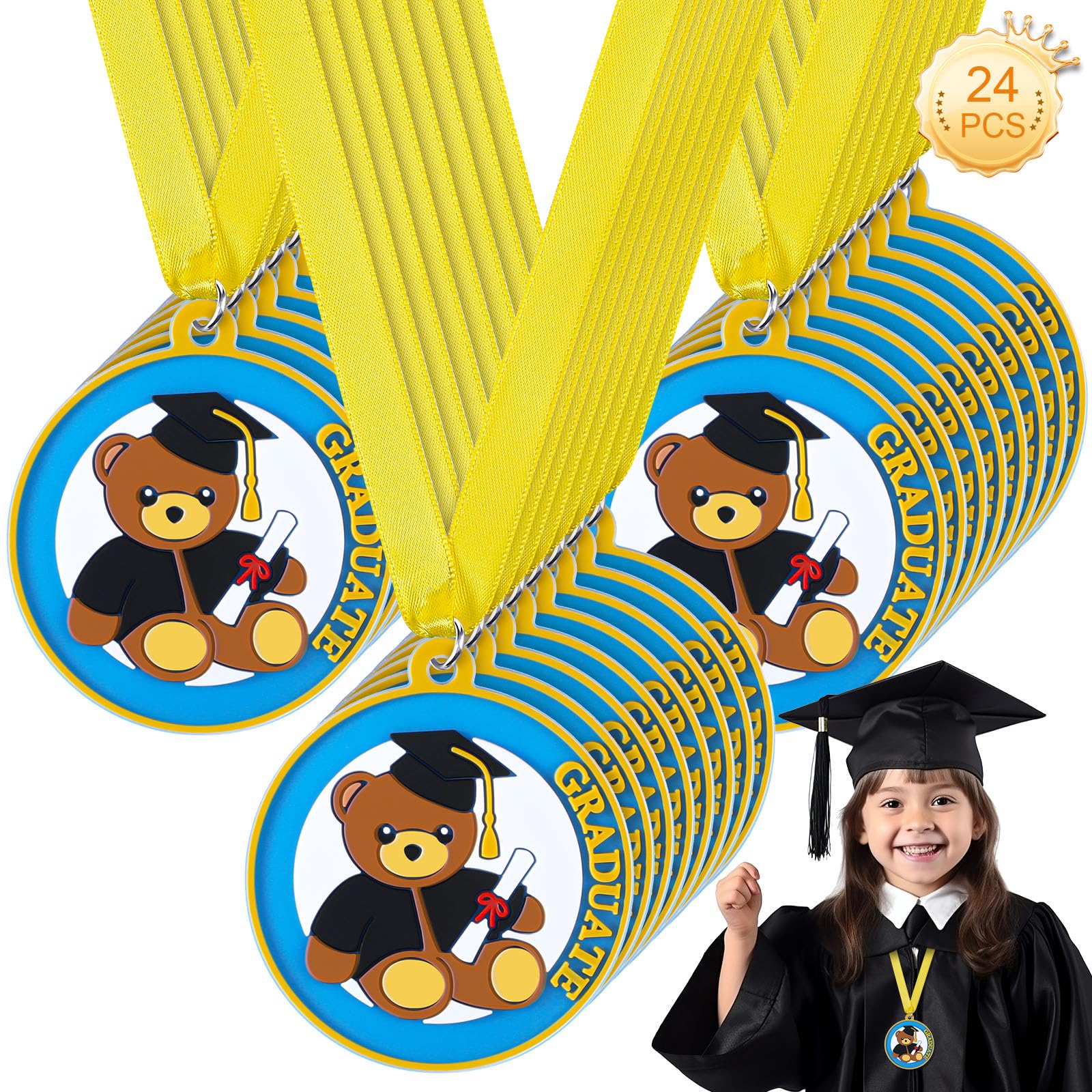 Trnayi 24 Pcs Kindergarten Graduation Medal for Kids 2 Inch Students Award Medals with Neck Ribbon PVC Preschool Graduation Award Medal for Graduation Gifts Party Favors Supplies