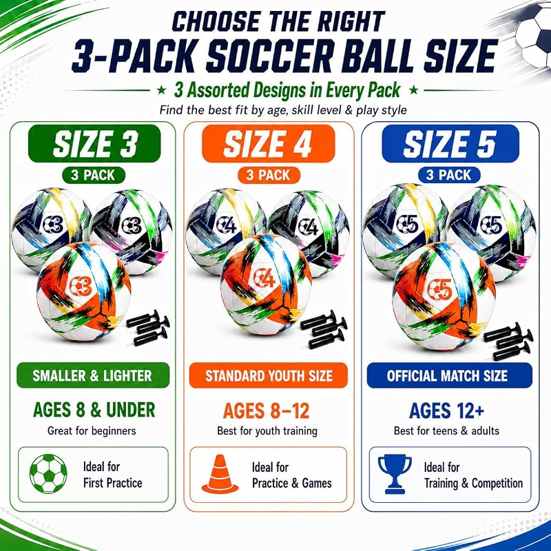 Soccer Ball Size 3/4/5 with Pump - Tri-Color PVC, 7.8in Diameter, Includes 3-Pack